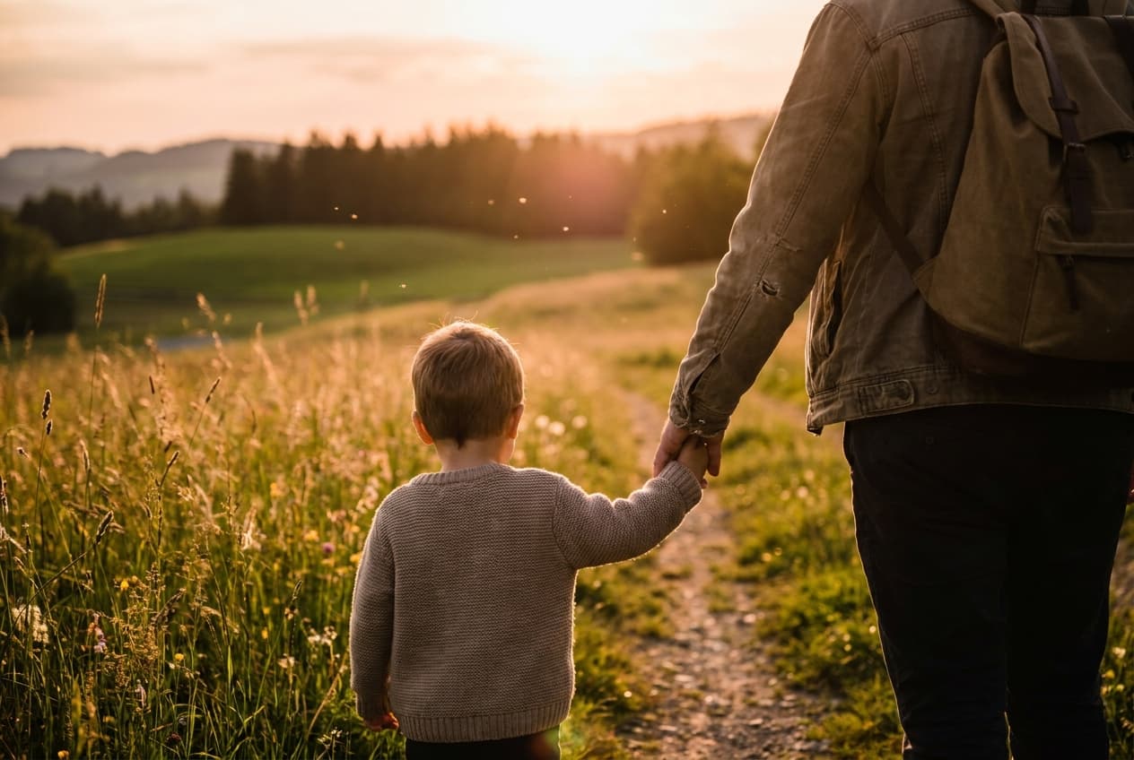 Erwachsener und Kind gehen Hand in Hand einen sonnigen Naturweg